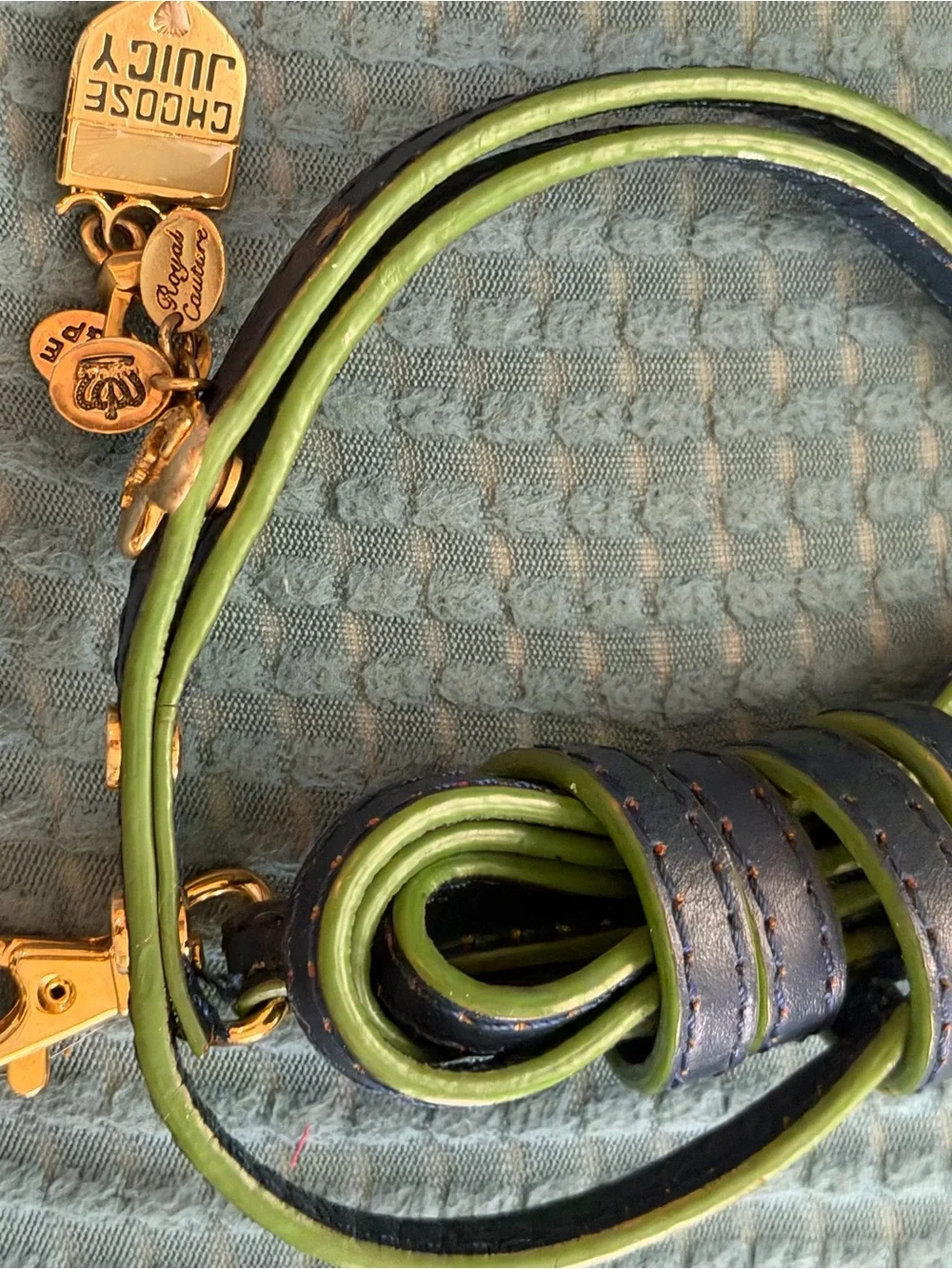 Juicy Couture Green and Black Leather Strap small dog leash with Gold Charms
